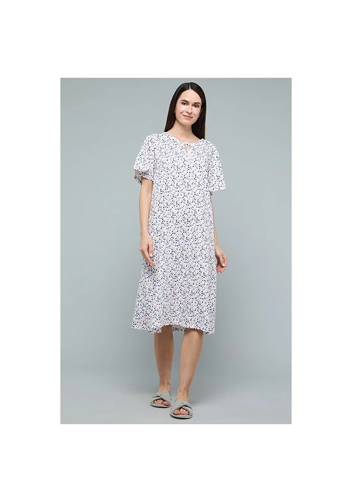 R&b Floral Nightdress with Tie-Up Neck and Flared Sleeves