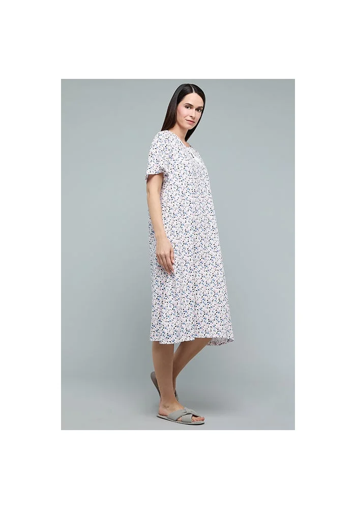 R&b Floral Nightdress with Tie-Up Neck and Flared Sleeves