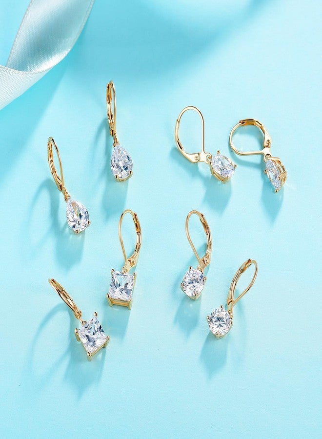MDFUN Leverback Earrings Set for Women 18K Gold Plated Cubic Zirconia Dangle Earrings Hypoallergenic Drop Jewelry Gifts for Her (round/square/teardrop/oval) - Image 5