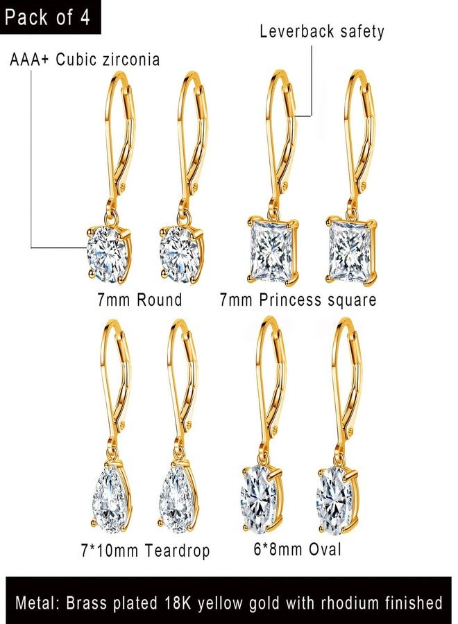 MDFUN Leverback Earrings Set for Women 18K Gold Plated Cubic Zirconia Dangle Earrings Hypoallergenic Drop Jewelry Gifts for Her (round/square/teardrop/oval) - Image 2