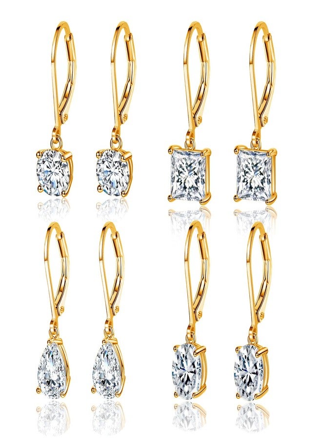 MDFUN Leverback Earrings Set for Women 18K Gold Plated Cubic Zirconia Dangle Earrings Hypoallergenic Drop Jewelry Gifts for Her (round/square/teardrop/oval) - Image 1