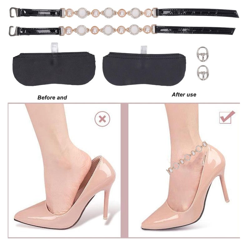 كلاراكو أحزمة أحذية نسائية مرنة قابلة للفصل، أحزمة قابلة للفصل للكعب، أحزمة كاحل فضفاضة مرصعة بأحجار الراين واللؤلؤ الصناعي، للنساء، أسود، زوجان - Image 3