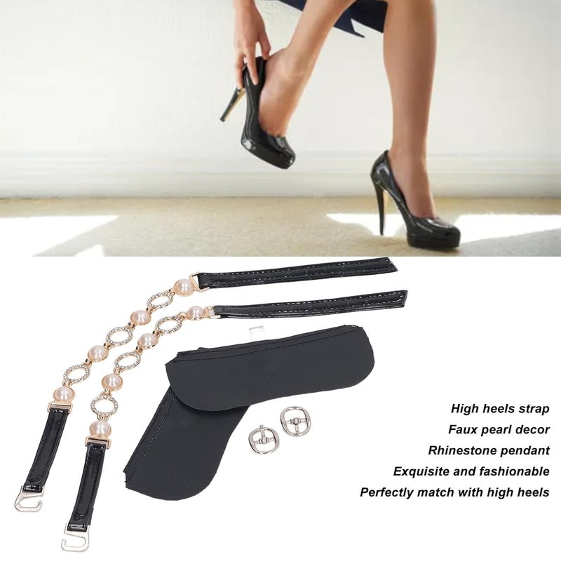 كلاراكو أحزمة أحذية نسائية مرنة قابلة للفصل، أحزمة قابلة للفصل للكعب، أحزمة كاحل فضفاضة مرصعة بأحجار الراين واللؤلؤ الصناعي، للنساء، أسود، زوجان - Image 2