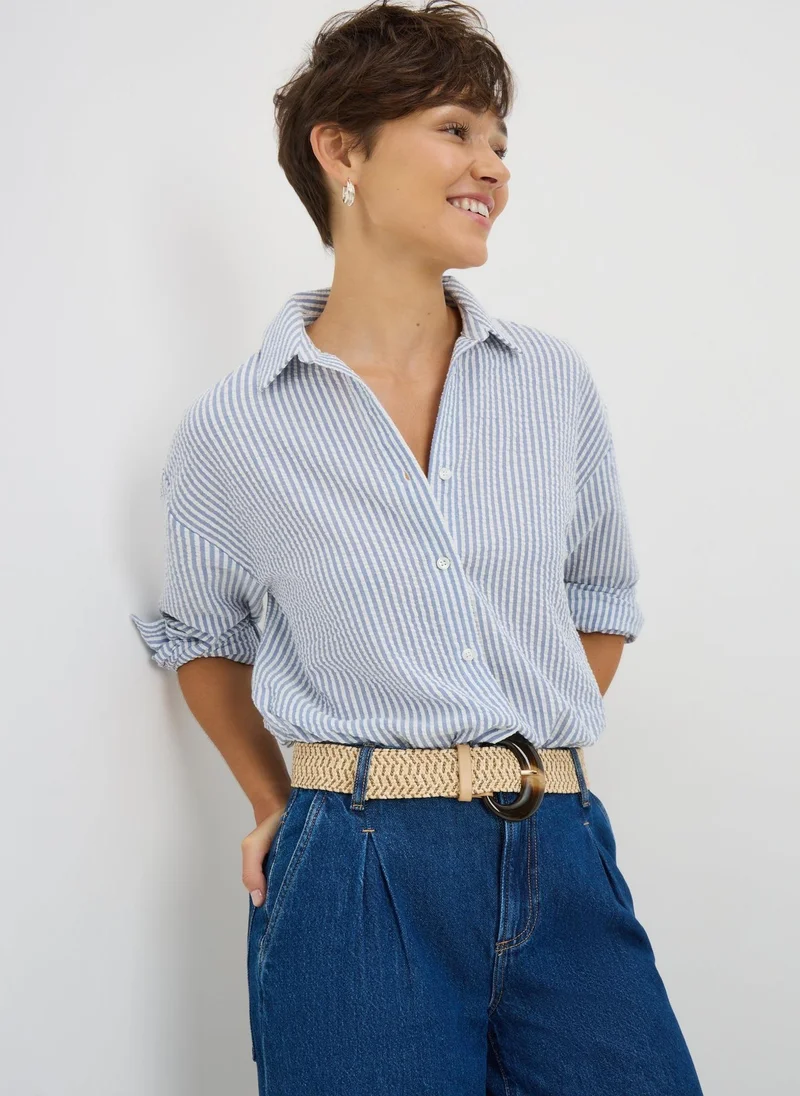ماتلان Blue Seersucker Striped Shirt