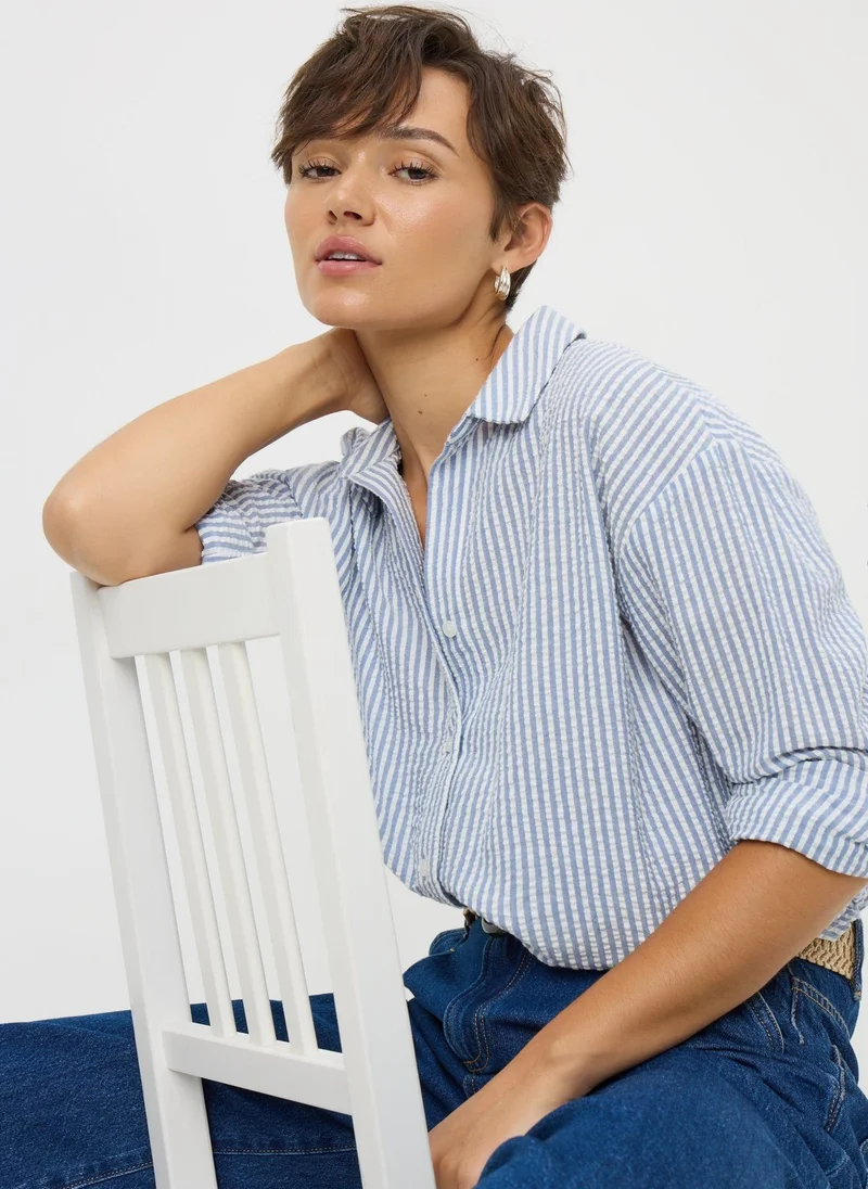 ماتلان Blue Seersucker Striped Shirt