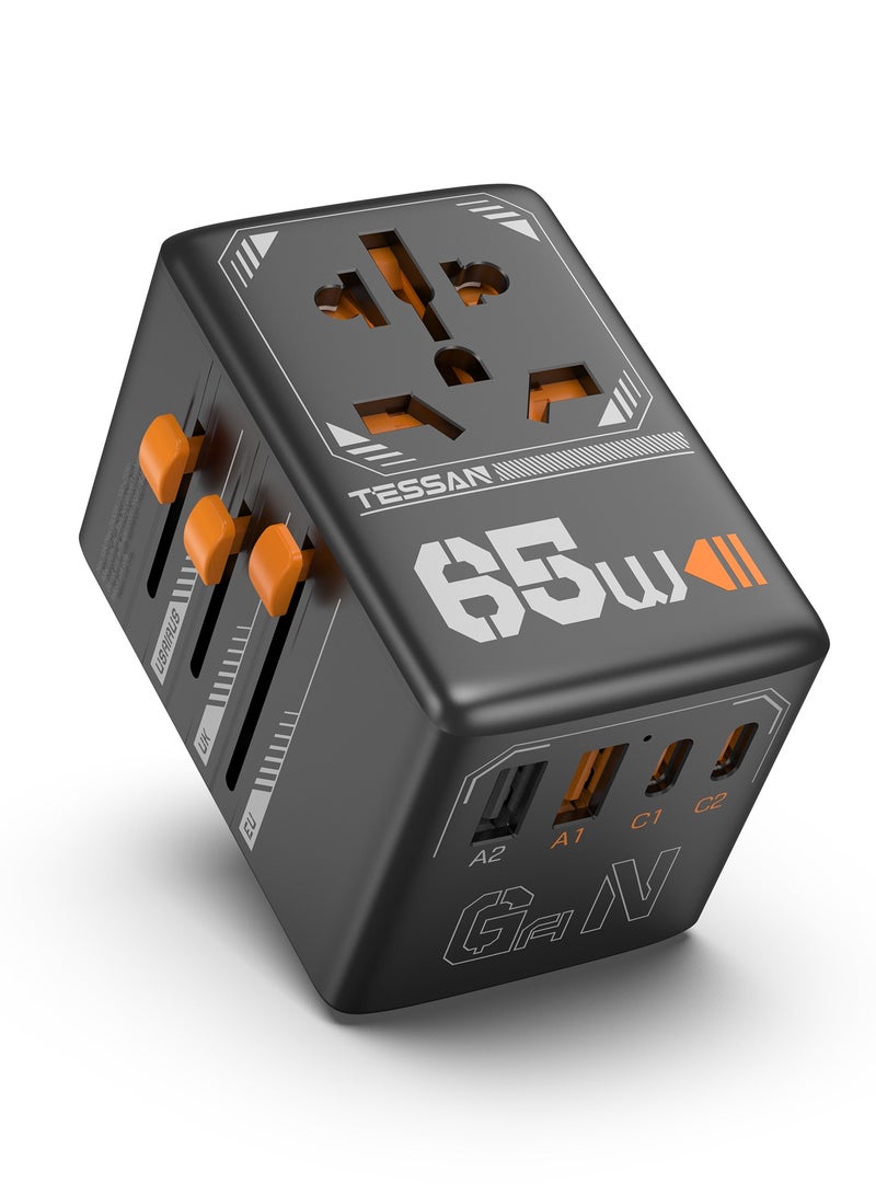 تيسان محول سفر عالمي، محول مقبس دولي GaN 65 وات مع 4 منافذ شحن USB (2 USB C)، منفذ طاقة عالمي من الولايات المتحدة إلى أوروبا والاتحاد الأوروبي والمملكة المتحدة وأستراليا وأيرلندا (النوع C/G/A/I) 5 في 1 شاحن حائط محول سفر متعدد من TESSAN للسفر والمنزل والمكتب باللون الأسود - Image 1