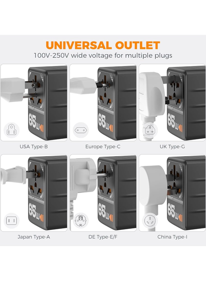 تيسان محول سفر عالمي، محول مقبس دولي GaN 65 وات مع 4 منافذ شحن USB (2 USB C)، منفذ طاقة عالمي من الولايات المتحدة إلى أوروبا والاتحاد الأوروبي والمملكة المتحدة وأستراليا وأيرلندا (النوع C/G/A/I) 5 في 1 شاحن حائط محول سفر متعدد من TESSAN للسفر والمنزل والمكتب باللون الأسود - Image 3