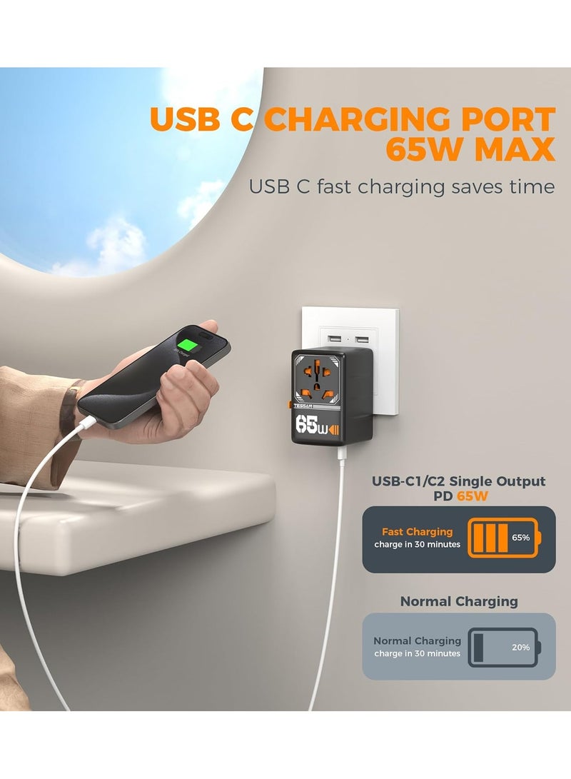 تيسان محول سفر عالمي، محول مقبس دولي GaN 65 وات مع 4 منافذ شحن USB (2 USB C)، منفذ طاقة عالمي من الولايات المتحدة إلى أوروبا والاتحاد الأوروبي والمملكة المتحدة وأستراليا وأيرلندا (النوع C/G/A/I) 5 في 1 شاحن حائط محول سفر متعدد من TESSAN للسفر والمنزل والمكتب باللون الأسود - Image 4