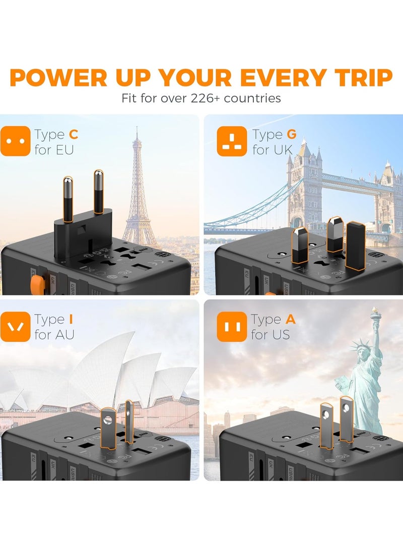 تيسان محول سفر عالمي، محول مقبس دولي GaN 65 وات مع 4 منافذ شحن USB (2 USB C)، منفذ طاقة عالمي من الولايات المتحدة إلى أوروبا والاتحاد الأوروبي والمملكة المتحدة وأستراليا وأيرلندا (النوع C/G/A/I) 5 في 1 شاحن حائط محول سفر متعدد من TESSAN للسفر والمنزل والمكتب باللون الأسود - Image 5