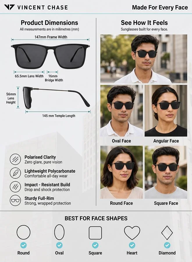 Vincent Chase  Mirage Full Rim Square Frame Polarized & UV Protected Sunglasses VC S13982 - 56mm - Black  | Best Price UAE