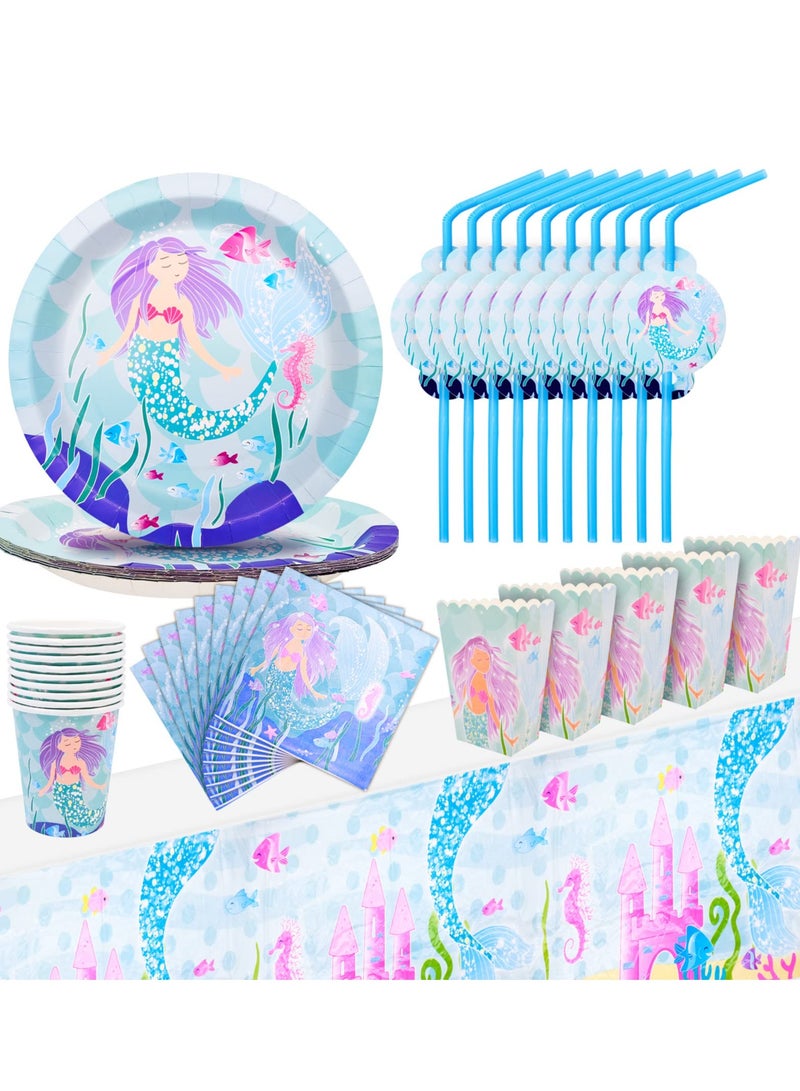 SOLARAE Mermaid Birthday Party Supplies Set - Dinner Plates and Cups for 10 Guests, Perfect for Birthday Celebrations and Weddings, Complete Party Kit. - Image 1