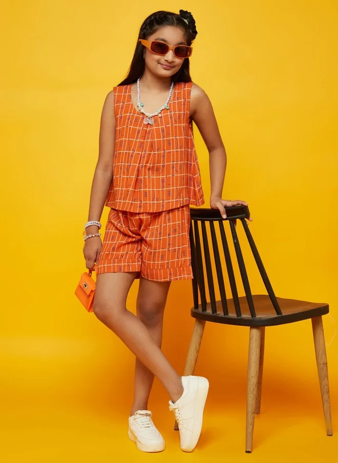 AKS Orange Printed Playsuit for Girls