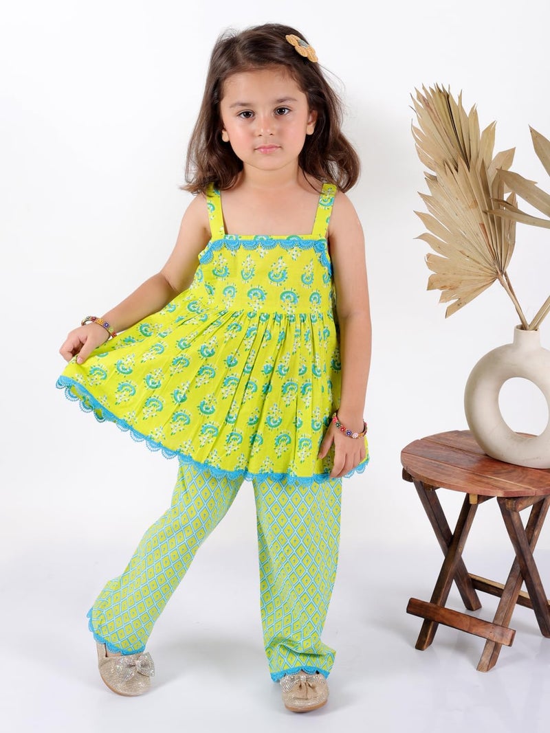 Superminis Baby Girls Kids Jaipuri Sanganeri Print Cotton Fancy Kurta Kurti Kameez Ethnic Indian Traditional Suit Lehnga Skirt Sharara Patiala Dhoti Salwar Festival Dress For 6 12 18 Month Year - Image 2