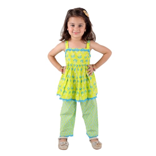 Superminis Baby Girls Kids Jaipuri Sanganeri Print Cotton Fancy Kurta Kurti Kameez Ethnic Indian Traditional Suit Lehnga Skirt Sharara Patiala Dhoti Salwar Festival Dress For 6 12 18 Month Year - Image 1