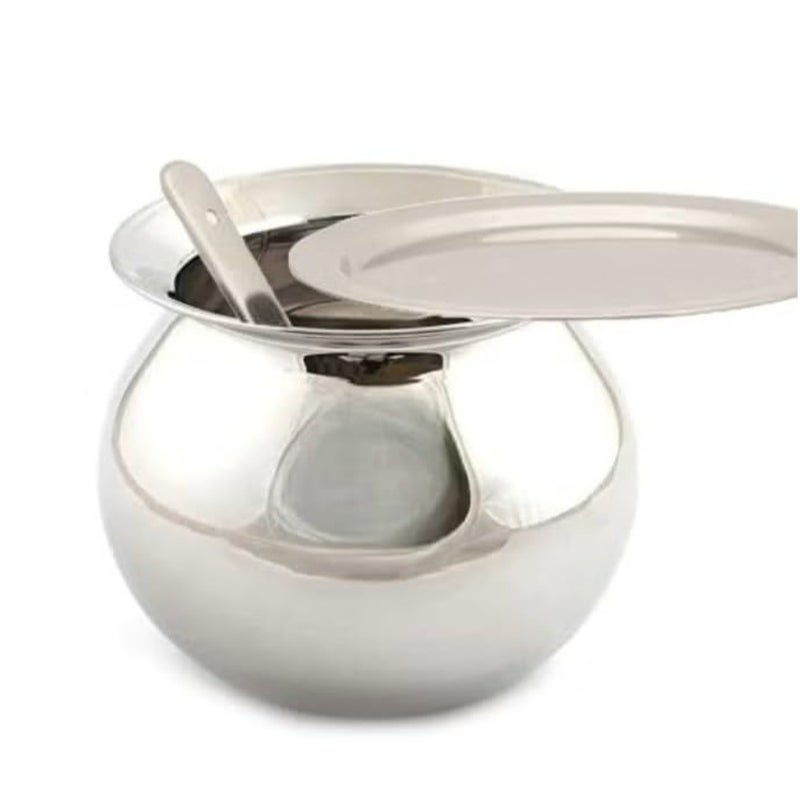 Kitchen cooking pot, stainless steel, silver, 5.5L capacity with lid for rice pongal and gundy preparation - Image 1