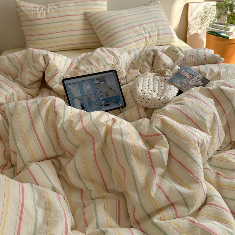 EAVD Colorful Striped Duvet Cover Queen Soft 100% Cotton Vintage Pink Green Yellow Stripes Printed Bedding Set with 2 Pillowcases Retro Reversible Geometric Comforter Cover with Zipper Corner Ties - Image 2