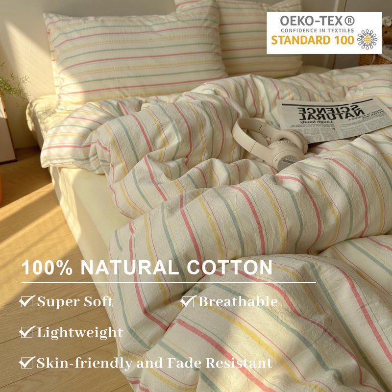 EAVD Colorful Striped Duvet Cover Queen Soft 100% Cotton Vintage Pink Green Yellow Stripes Printed Bedding Set with 2 Pillowcases Retro Reversible Geometric Comforter Cover with Zipper Corner Ties - Image 4