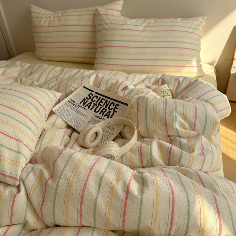EAVD Colorful Striped Duvet Cover Queen Soft 100% Cotton Vintage Pink Green Yellow Stripes Printed Bedding Set with 2 Pillowcases Retro Reversible Geometric Comforter Cover with Zipper Corner Ties - Image 1