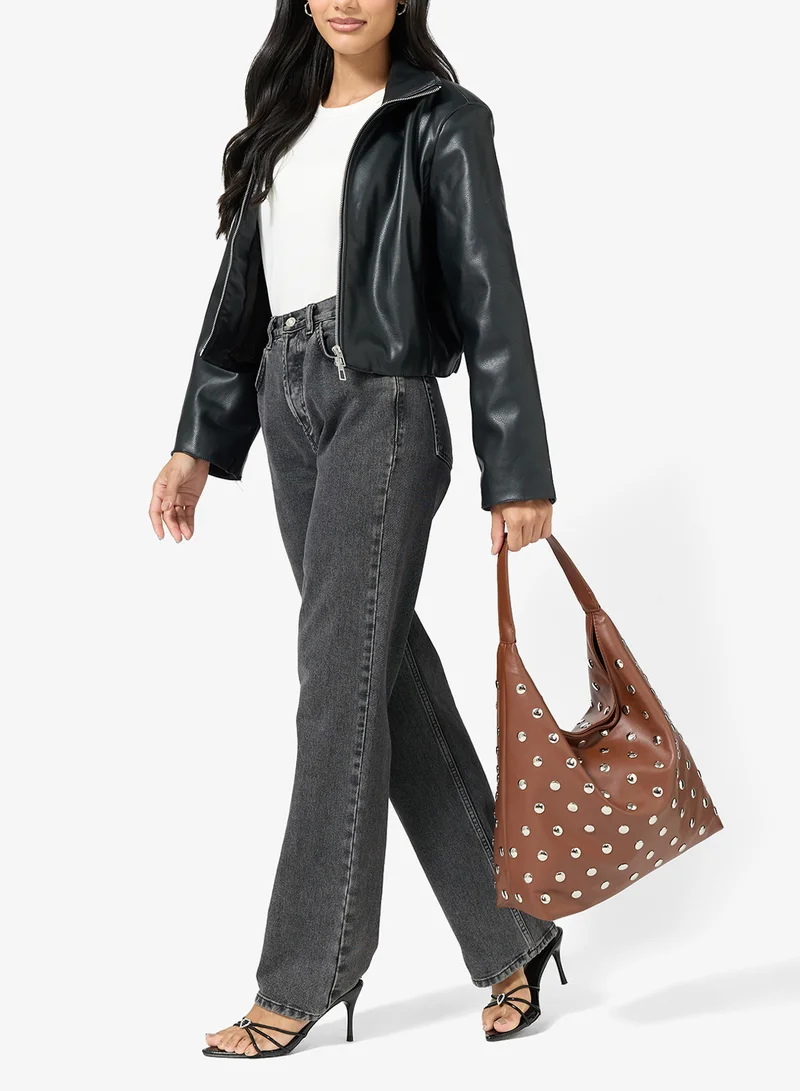 Ginger Brown slouch tote with metal embellished detail for Women | Best Price UAE