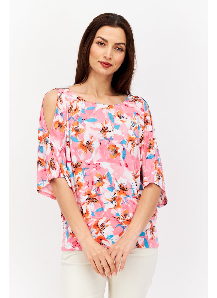 Women Round Neck Short Sleeves Floral Pattern, Pink - pzsku/Z0A1A178A1BC898CC74E5Z/45/_/1737642155/0eff59fb-a9e7-47a7-a3a9-2771328ce0db