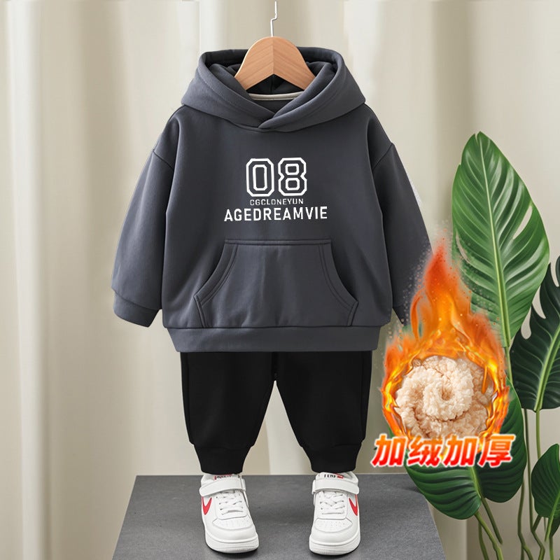Boys And Girls Suit Big Children Hooded Sweater Cotton Fleece-Lined Thick - Image 1