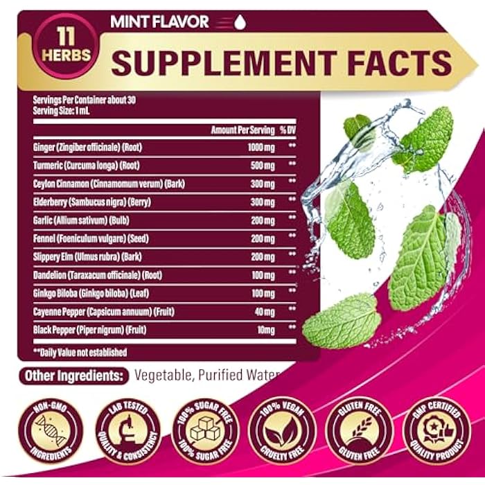 Tenmido 11in1 Ginger and Turmeric Supplements Liquid Drops with Ceylon Cinnamon, Elderberry, Garlic, Fennel, Slippery Elm, Dandelion, Ginkgo Biloba, Cayenne Pepper, and Black Pepper - 30ml 1 Fl Oz - Image 2