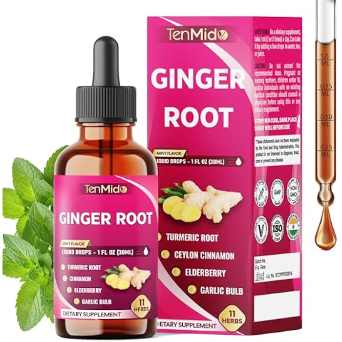 Tenmido 11in1 Ginger and Turmeric Supplements Liquid Drops with Ceylon Cinnamon, Elderberry, Garlic, Fennel, Slippery Elm, Dandelion, Ginkgo Biloba, Cayenne Pepper, and Black Pepper - 30ml 1 Fl Oz - Image 1