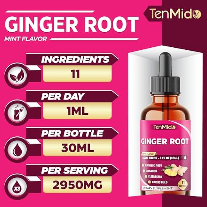 Tenmido 11in1 Ginger and Turmeric Supplements Liquid Drops with Ceylon Cinnamon, Elderberry, Garlic, Fennel, Slippery Elm, Dandelion, Ginkgo Biloba, Cayenne Pepper, and Black Pepper - 30ml 1 Fl Oz - Image 3