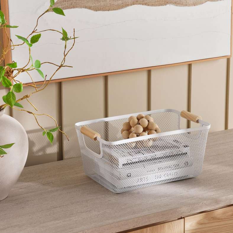 Rosie Storage Wire Basket  with Wooden Handle33.5x22x15cm - White