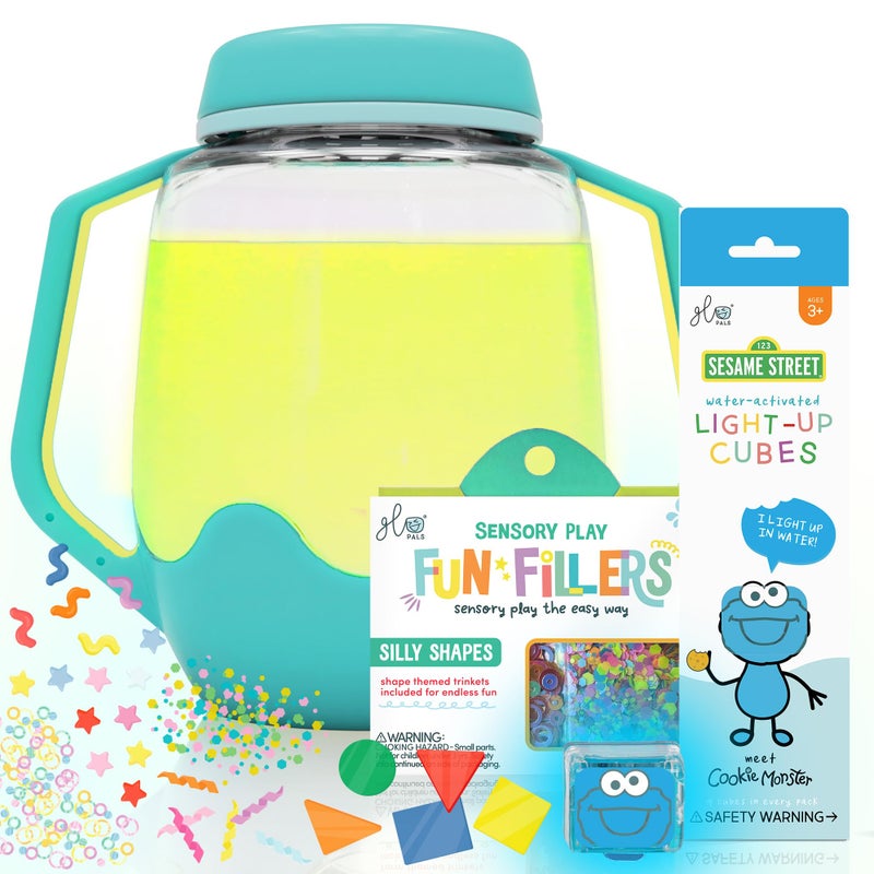 Glo Pals Play Pack Bundle with Sensory Play Jar WaterActivated LightUp Cubes and Fun Fillers Sensory Toys for Toddlers Sensory Toy Kit with Light Up Cubes for Bathtub Cookie Monster - Image 3