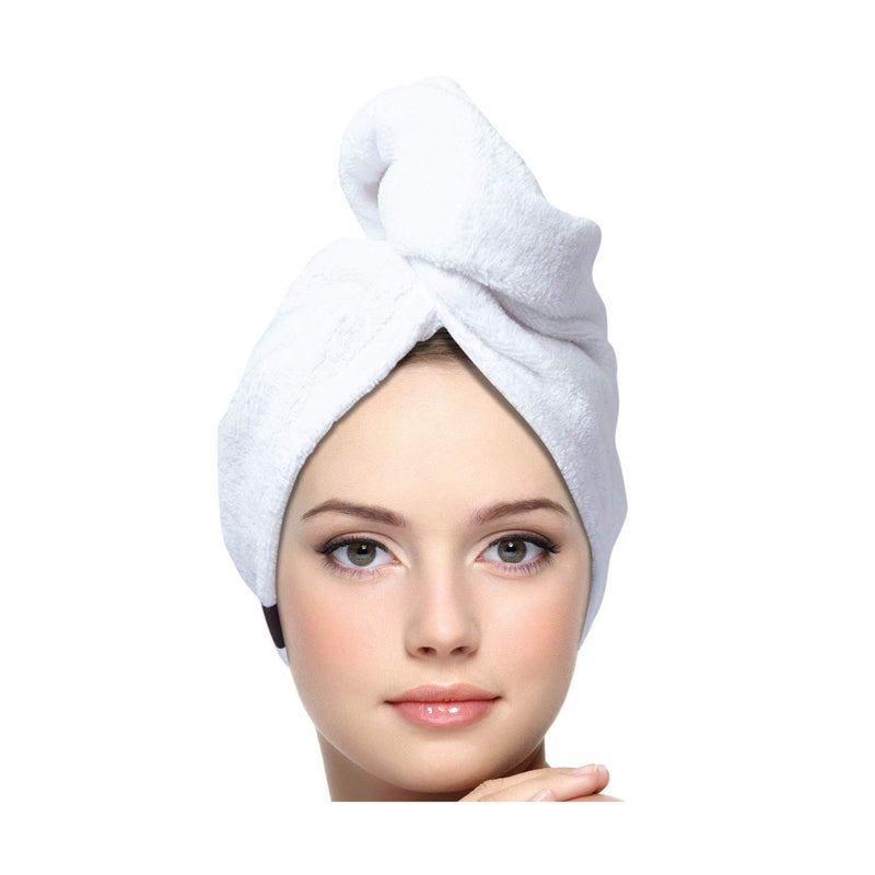 KEEPOZ 100% Cotton Hair Towel Wrap Quick Dry Super Absorbent Turban Head Wrap for Women with Button, Anti Frizz, Hair Cap for Curly, Long & Thick Hair (White, 1 Pc) - Image 1