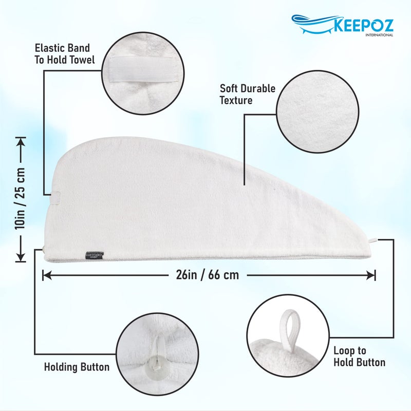 KEEPOZ 100% Cotton Hair Towel Wrap Quick Dry Super Absorbent Turban Head Wrap for Women with Button, Anti Frizz, Hair Cap for Curly, Long & Thick Hair (White, 1 Pc) - Image 2