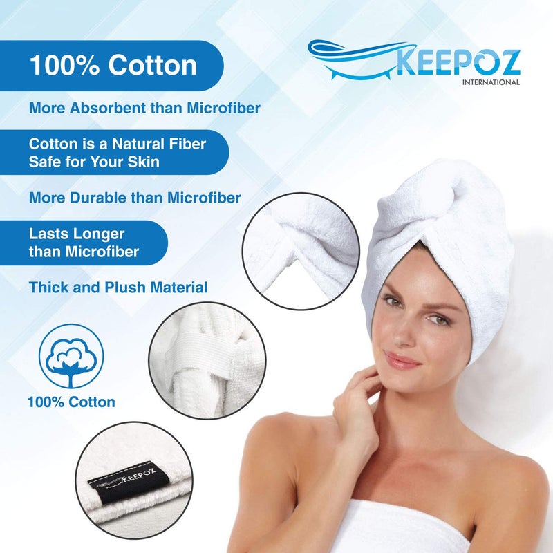 KEEPOZ 100% Cotton Hair Towel Wrap Quick Dry Super Absorbent Turban Head Wrap for Women with Button, Anti Frizz, Hair Cap for Curly, Long & Thick Hair (White, 1 Pc) - Image 5
