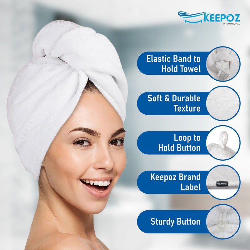 KEEPOZ 100% Cotton Hair Towel Wrap Quick Dry Super Absorbent Turban Head Wrap for Women with Button, Anti Frizz, Hair Cap for Curly, Long & Thick Hair (White, 1 Pc) - Image 4