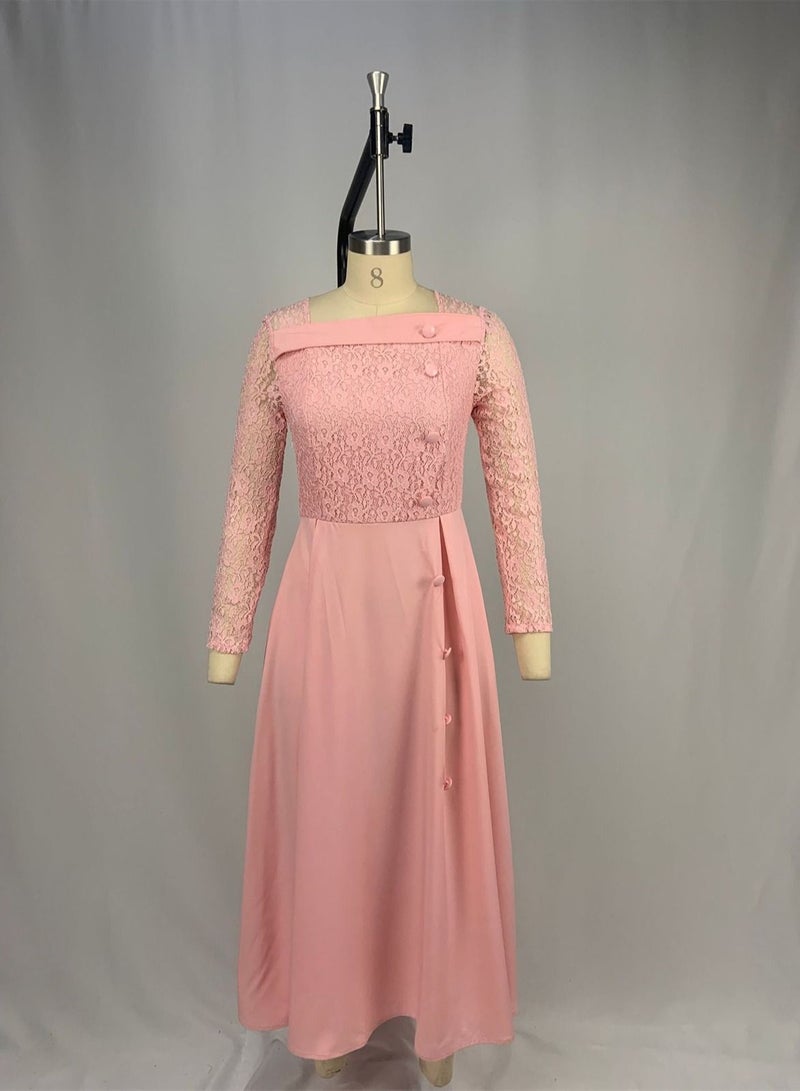 Loquat Lace Dress With High Waist And Long Sleeve Pink  - Image 1