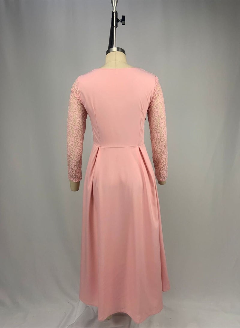 Loquat Lace Dress With High Waist And Long Sleeve Pink  - Image 3