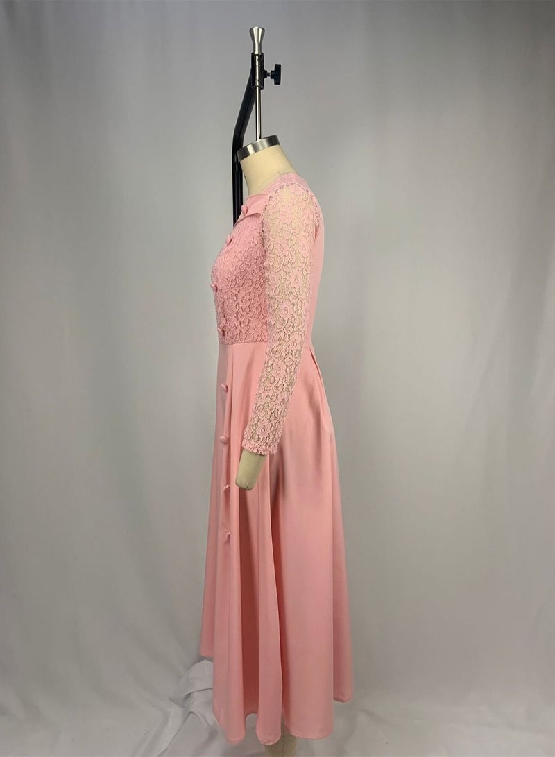 Loquat Lace Dress With High Waist And Long Sleeve Pink  - Image 2