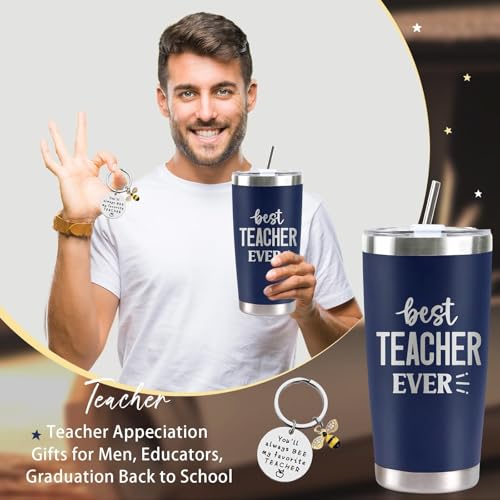 CUPLOOV Teacher Appreciation Gifts for Men, 20Oz Navy Blue Stainless Steel Tumbler Cup, Best Thank You Teacher Ever Coffee Mug Gift Set with Lid Straw Keychain Educators Graduation Thanksgiving Christmas Gift - Image 2