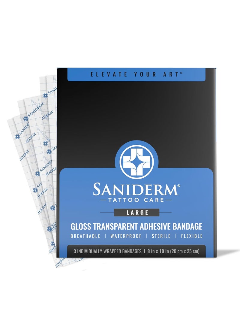 Saniderm - Saniderm Tattoo Aftercare Bandage 3 Sheets (Large Pack, 8 in x 10 in) – Convenient, Faster Tattoo Healing and Protection – Sterile, Waterproof, and Latex-Free - Image 1