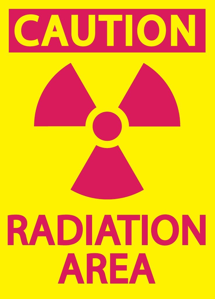 Green Products 1925 Recycled Plastic "Caution Radiation Area" Safety Sign, Magenta on Yellow, 10" Length, 7" Width