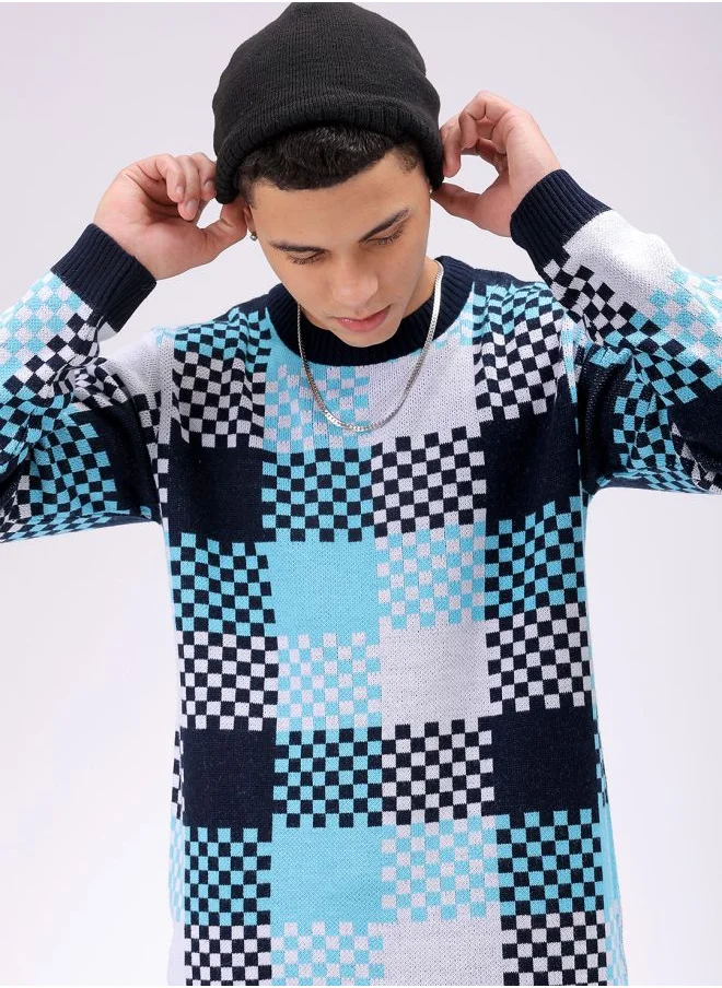 The Indian Garage Co Men Relaxed Fit Checkered Crew Neck Sweater
