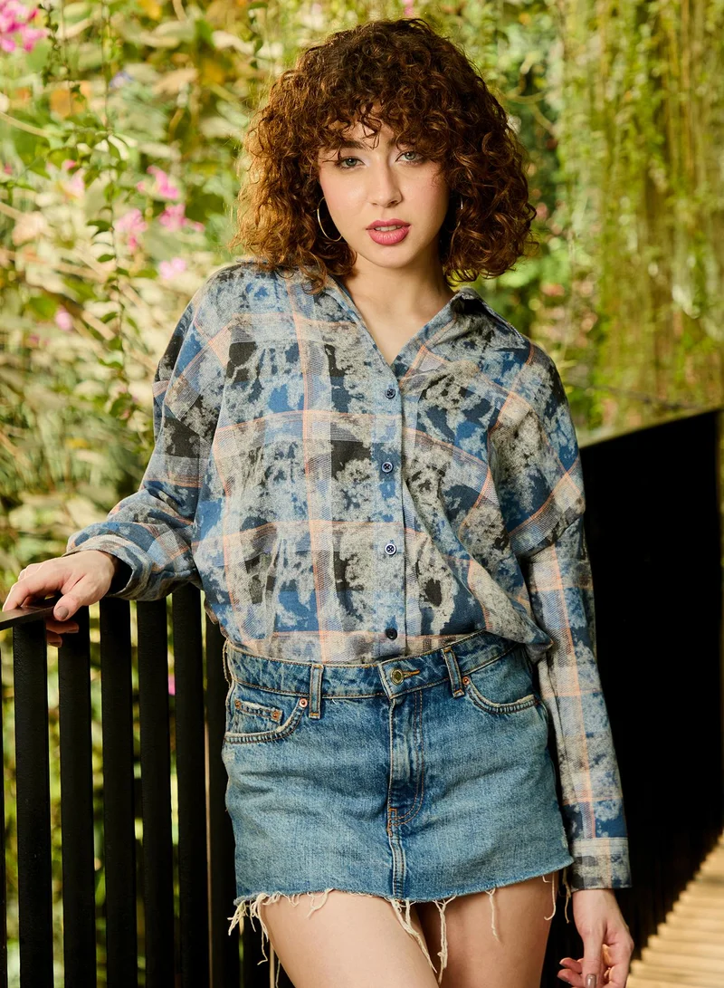 Pinacolada Women's Blue Checkered Relaxed Shirt For Casual Wear | V-Neck | Long Sleeve | Button Closure | Shirt Crafted With Polyester Comfort Fit For Everyday Wear