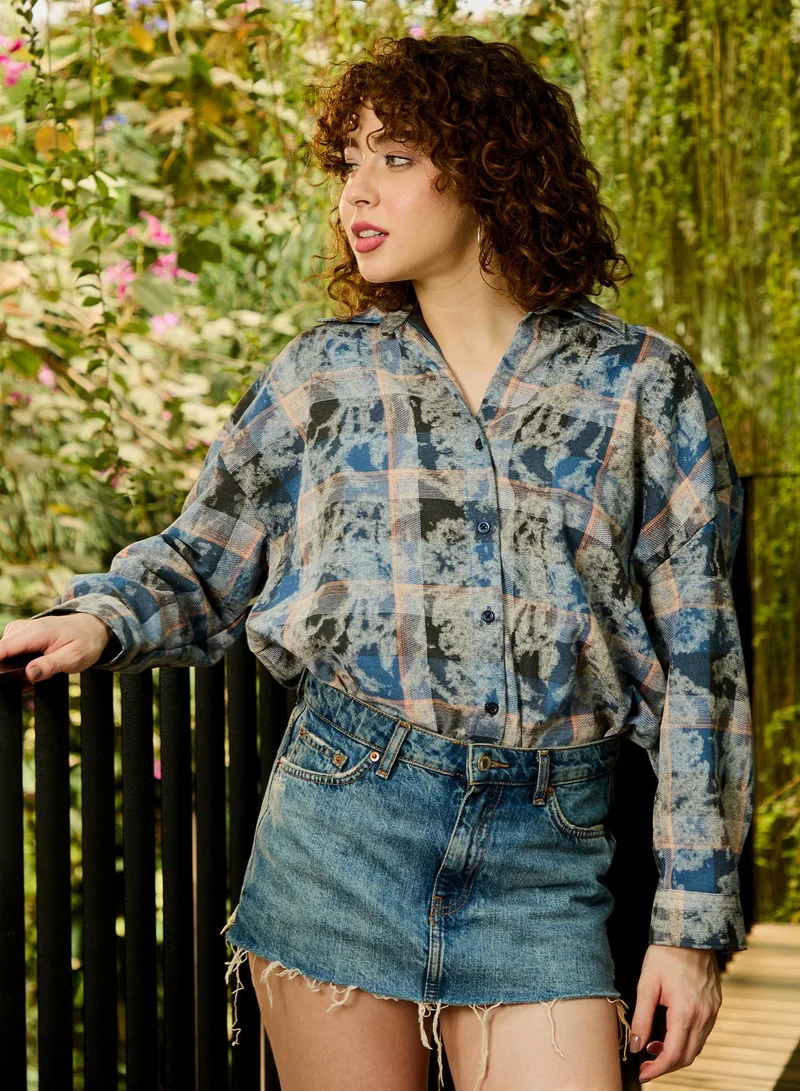 Pinacolada Women's Blue Checkered Relaxed Shirt For Casual Wear | V-Neck | Long Sleeve | Button Closure | Shirt Crafted With Polyester Comfort Fit For Everyday Wear