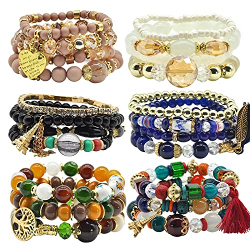 VONRU Bohemian Bracelet Sets for Women 6 Sets Stackable Stretch Multi-color Boho Hippie Dainty Jewelry Best Friend Gift (Bead bracelet set for women) - Image 1
