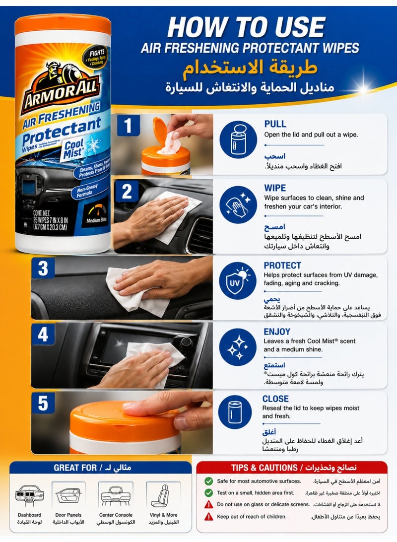 أرمور أول مناديل Armor All لتنظيف وحماية داخل السيارة – برائحة Cool Mist، تركيبة غير دهنية، 25 منديل - Image 2
