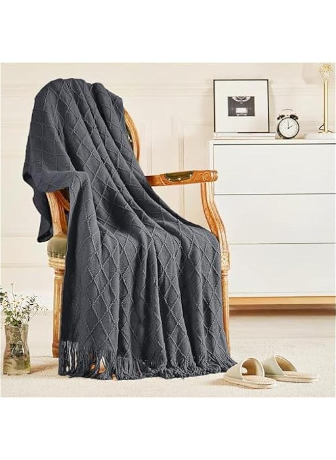 HOOKOR Knitted Throw Blankets for Couch and Bed, Soft Cozy Knit Blanket with Tassel, Lightweight Decorative Blankets and Throws, Farmhouse Warm Woven Blanket for Men and Women (Grey, 150x230CM)  - Image 1