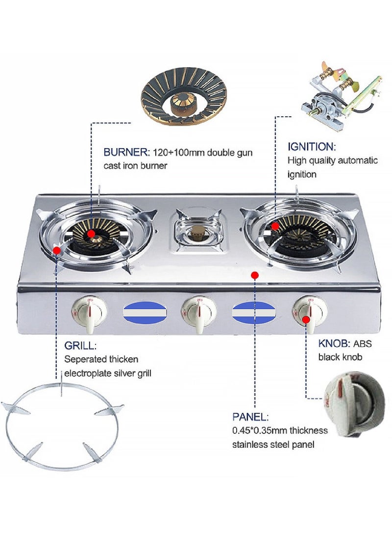 Generic - Flat Gas Stove Three Burners Heavy Stainless Steel And 3 Meter Gas Hose - Image 1