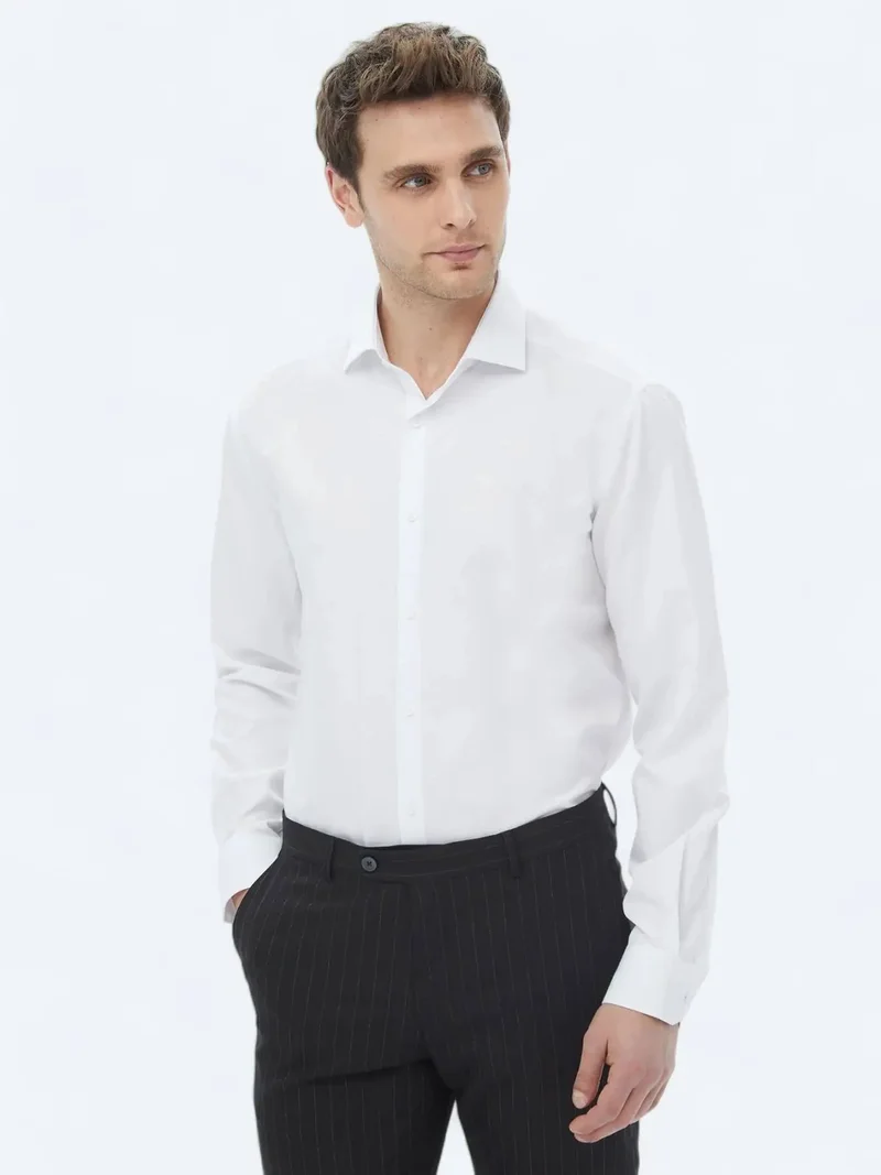 Kip White Plain Regular Fit Weaving Classical Cotton Blended Shirt