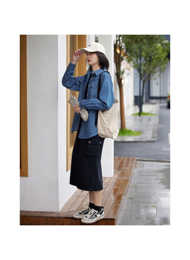 dme [Trendy Versatile Denim Shirt], Spring And Autumn Style, Fake Pocket Classic Long-Sleeve Denim Shirt For Women - Image 3