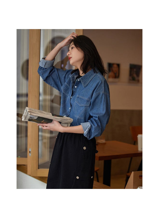 dme [Trendy Versatile Denim Shirt], Spring And Autumn Style, Fake Pocket Classic Long-Sleeve Denim Shirt For Women - Image 2